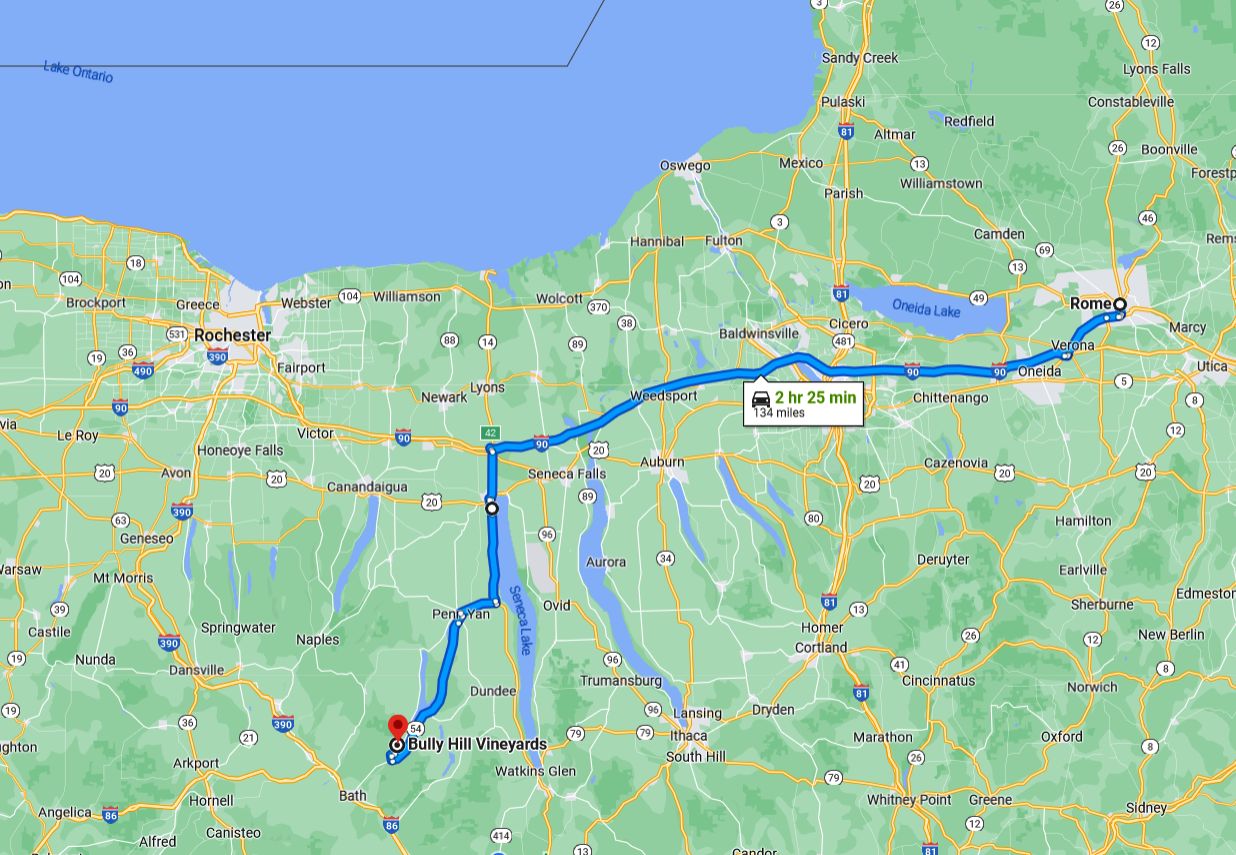 Rome, NY to Bully Hill Winery Map