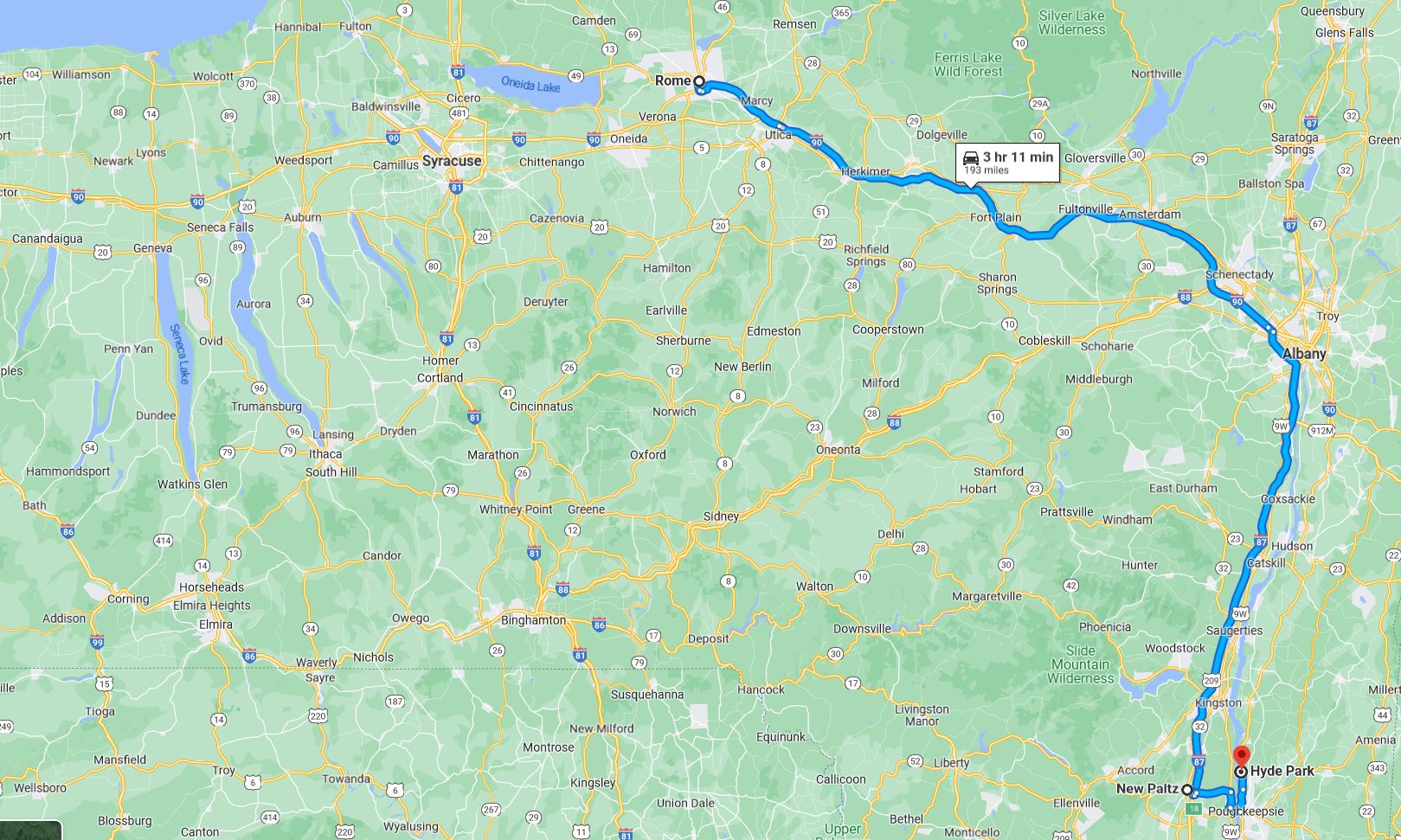 Rome, NY to New Paltz to Hyde Park to Albany Map