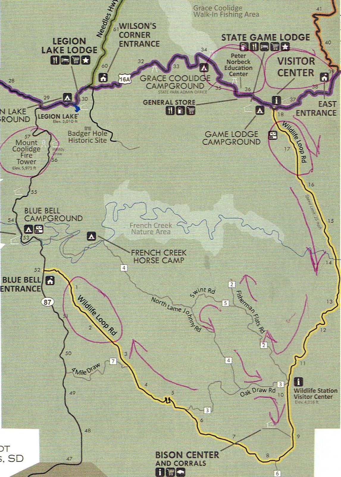 Map Custer State Park inset Wildlife Loop Rd